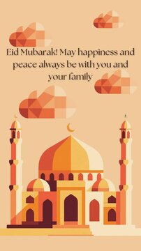 Modern and flat-style vector illustration for Eid al-Fitr. A minimalist design highlighting a mosque dome and minarets with warm orange and brown tones. Suitable for banners, cards, social media posts