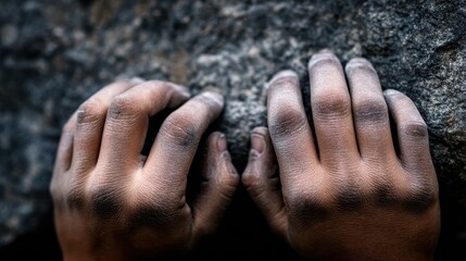 Fototapeta premium Close-up of two hands gripping a rocky surface, showcasing strength and determination in nature