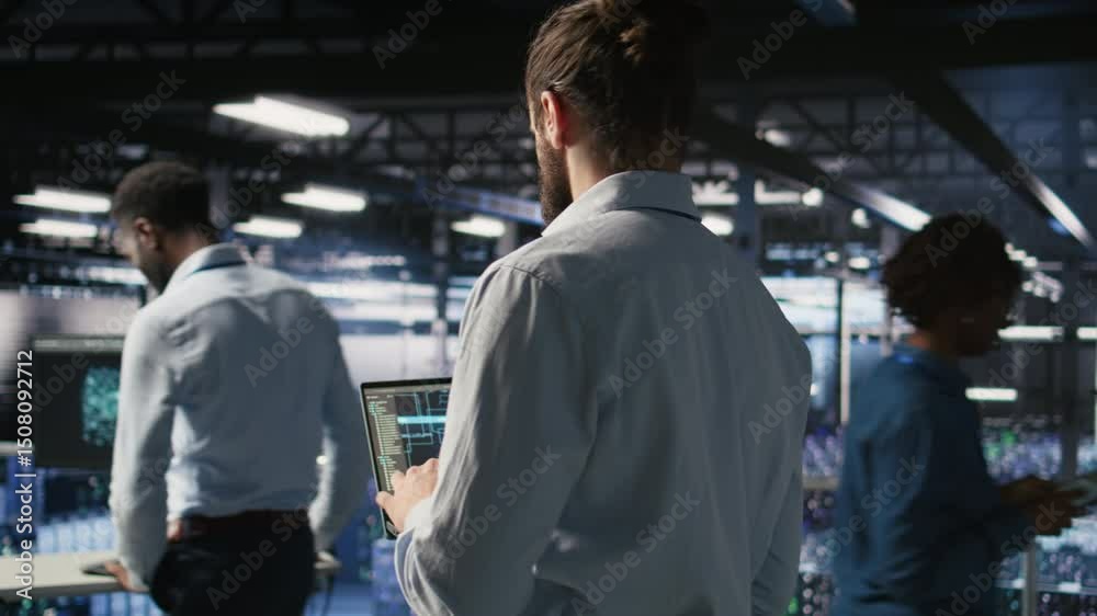 Poster technician holding laptop walking on server farm platform, doing ai machine learning automatization.