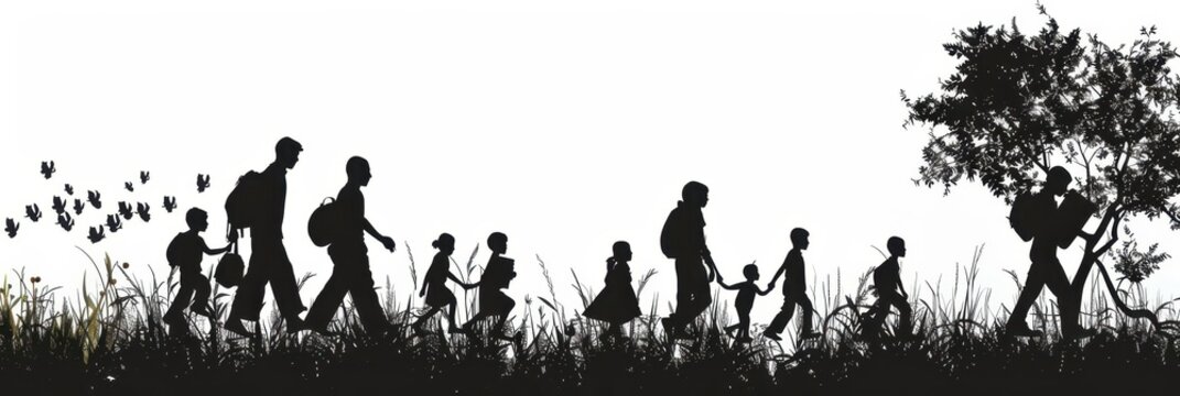 World refugee day concept with silhouetted family migration scene. Horizontal banner. Copy space. International Migrants Day. World population day