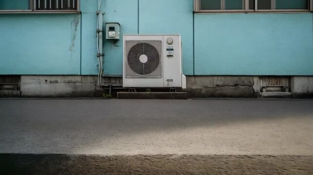 Exterior air conditioning unit on concrete slab along blue building wall with meter and windows, street view