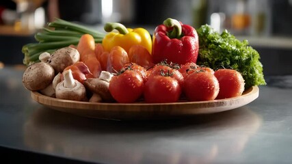 Fresh vegetables and mushrooms displayed on round wooden plate. Includes bell peppers, tomatoes, mushrooms, parsley, and scallions arranged creatively. - Powered by Adobe