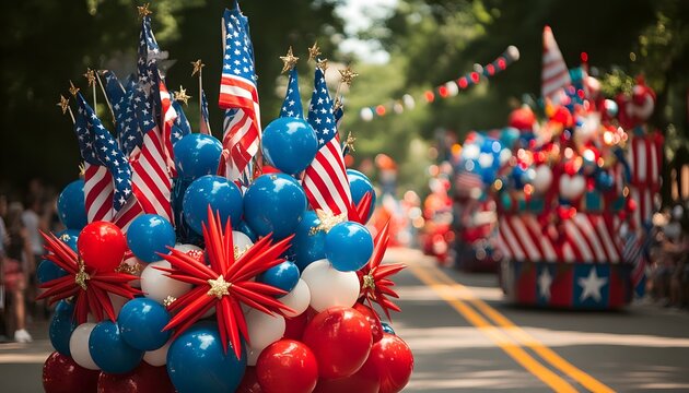 4th of July parade with floats and flags.
