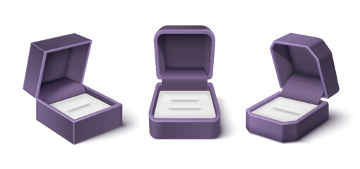 Purple velvet ring box mockups of different shapes and views - open with white satin lining. Empty jewelry cases for engagement, wedding proposal. Realistic 3d luxury accessory packaging design.
