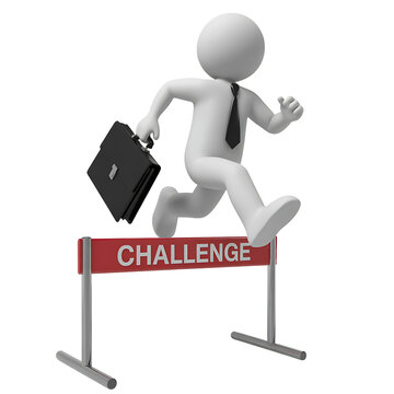3D Stick Figure Businessman Jumping Over Challenge Hurdle on Transparent Background