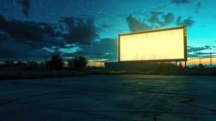Nostalgic drive-in cinema experience under starry sky at dusk. Horizontal banner. Copy space. Mock-up, template for cinema or theatre