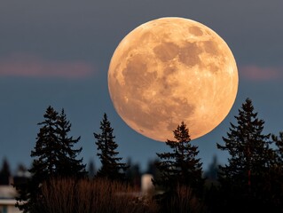 Full, orange moon over silhouettes of trees