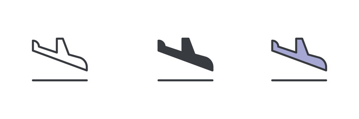 Airplane arrival or landing different style icon set