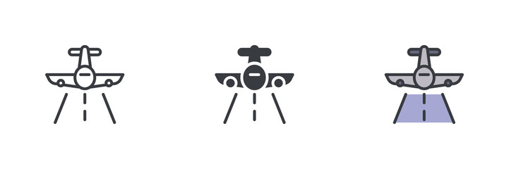 Plane on the runway different style icon set