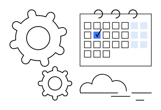 Calendar with marked date alongside gear mechanisms and cloud, symbolizing planning, productivity, and innovation. Ideal for scheduling, project management, cloud services, workflow optimization