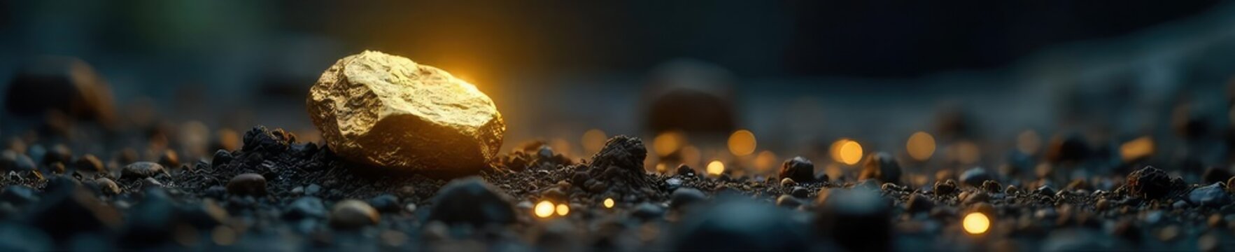 A lone golden nugget rests on a bed of rough, dark earth, sparkling under a single spotlight, symbolizing the rarity and value of original ideas , spotlight, treasure, dirt
