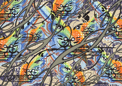 Colorful chaotic backdrop with cat heads and linear motifs for fabrics or covers. Bright animal motifs with dots for fashion trends, business concepts, cover, scrapbooking, interiors, tiles, prints