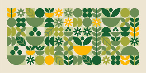 Green geometric plant shapes pattern. Simplified leaves and flowers, berries in warm yellow and olive tones in grid layout. Stylized floral elements composition. Organic nature vector illustration.
