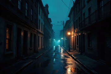 Fototapeta premium A dimly lit, rain-slicked street at night, shadowed alleys and ominous buildings creating a sense of unease and dread A perfect backdrop for horror, thriller, or mystery themes , eerie, deserted