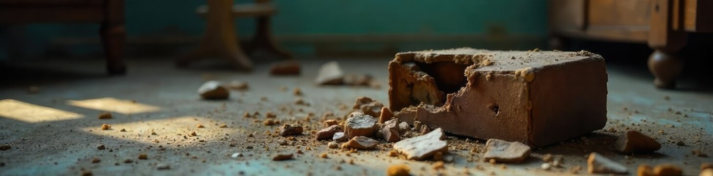 A distressed, broken household item symbolizes the aftermath of domestic violence; shattered remnants of a once-peaceful home environment , relationship violence, help