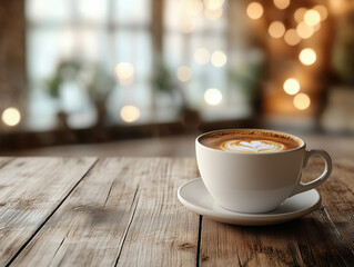 Obraz premium cup of coffee, Relaxing café atmosphere with golden sunlight and leafy decor.