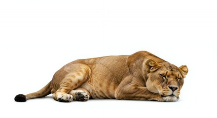 Obraz premium Isolated Lioness Resting on a Clean White Background Featuring Detailed Fur Texture and Relaxed Posture in a Studio Shot With Natural Lighting