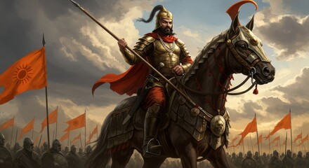 Maharana Pratap Epic Warrior on Horseback with Spear – Medieval Battle and Bravery Concept