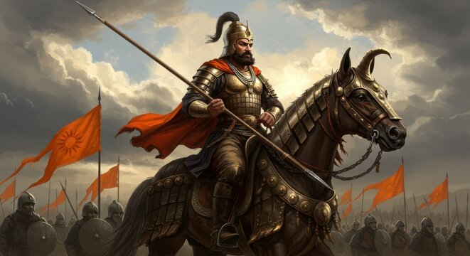 Maharana Pratap Epic Warrior on Horseback with Spear &ndash; Medieval Battle and Bravery Concept