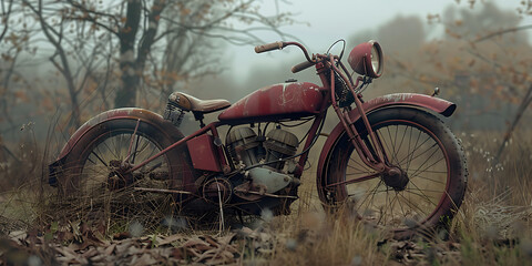 Weathered Red Motorcycle in Foggy Landscape with Fall Colors

