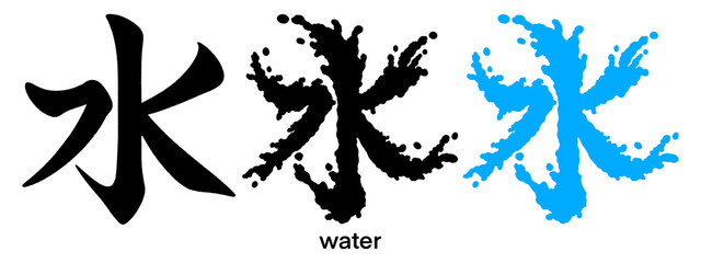 Japanese kanji calligraphy and pictorial Japanese kanji for water isolated on transparent background, tattoo idea