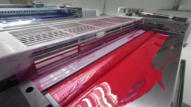 Close up of a printing press roller covered in vibrant red ink