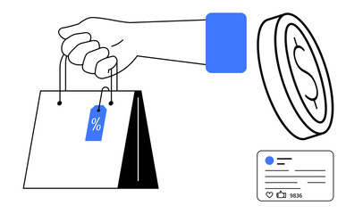 Hand holding shopping bag with discount tag, large dollar coin, social media post with thumbs ups and comments. Ideal for e-commerce, online shopping, sales, marketing, promotions, retail simple
