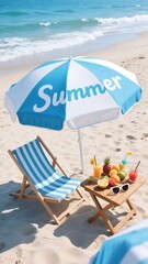 Naklejka premium Peaceful summer vacation scene with blue sea and sky horizon, relaxing beach setting featuring colorful sun umbrella and empty lounge chairs on soft sand, symbolizing calm, leisure