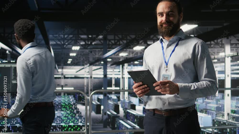 Poster portrait of smiling engineer in data center monitoring neural network llm visualization. cheerful se