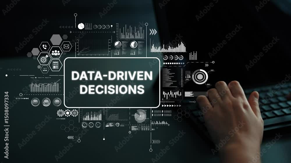 Poster innovative data-driven decisions with graphical analytics and technology background for business ins