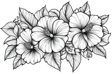 Ornate hibiscus floral design in black and white.