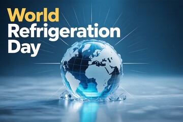 World refrigeration day with a glass globe and blue background with light rays design