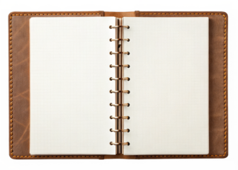 Opened sketchbook, blank pages isolated on transparent background.