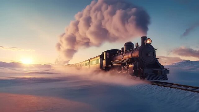 Steam Engine Train Moving Through Frozen Wilderness