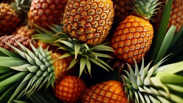 Close-up of many ripe pineapples in a pile with green spiky leaves on a dark surface, showcasing their textured skin and vibrant color.