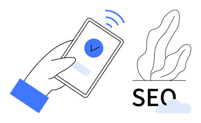Hand holding smartphone with a check mark icon, symbolizing online success and connectivity. Text SEO and abstract plant design. Ideal for digital marketing, SEO tips, growth, analytics, content