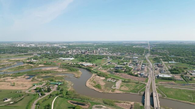 Blue-sky summer drone shot spans Brandon&rsquo;s downtown, 18th Street, river and treetops