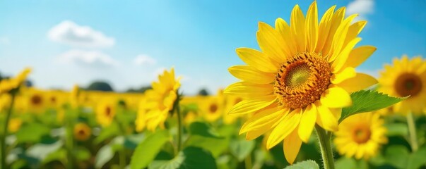 Obraz premium Vibrant yellow sunflowers, heads heavy with ripe oil seeds, sway gently in a summer field Golden petals shine against a clear blue sky A bountiful harvest is near , sunlight, growth