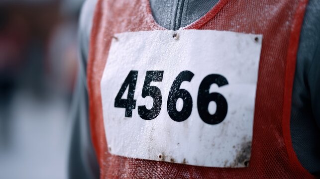Close-up of a runner's bib number 4566 during a snowy outdoor marathon event