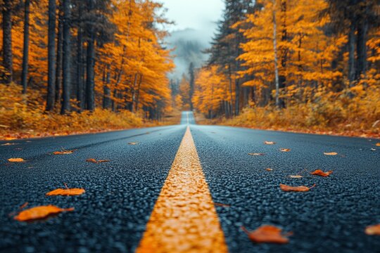 Autumn road through forest, misty mountains