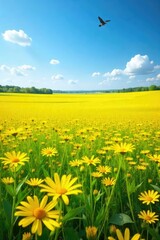 Fototapeta premium Vast, sun-drenched field of vibrant yellow wildflowers stretching to the horizon, a breathtaking display of nature's beauty Perfect for themes of summer, freedom, and abundance , flora, bright