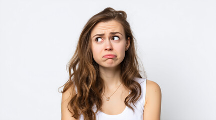 Fototapeta premium A young woman with a confused and worried expression, against a white background in a studio setting.