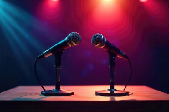 Two microphones stand side-by-side on a podium, ready for a collaborative presentation or engaging discussion Ideal for concepts of teamwork, collaboration, and joint ventures , innovation, corporate