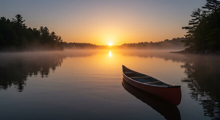 Obraz premium Serene Sunrise Canoe on Misty Lake Calm Water Golden Hour Reflection