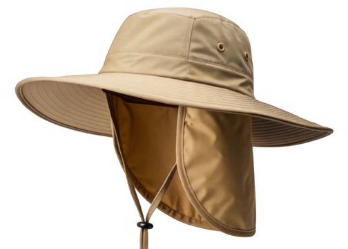 Wide-brimmed desert hat with neck flap, beige color isolated on transparent background.