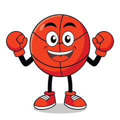 Cartoon basketball character with a cheerful expression wears boxing gloves and shoes, ready for action