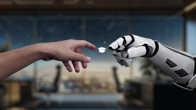 A symbolic representation of collaboration between human and machine, showcasing educational icons in a modern office, highlighting the evolution of learning and innovation. Auvana