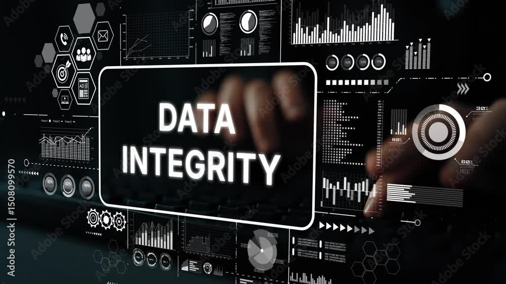 Poster data integrity concept with digital interface and hands typing on a keyboard showing importance of a