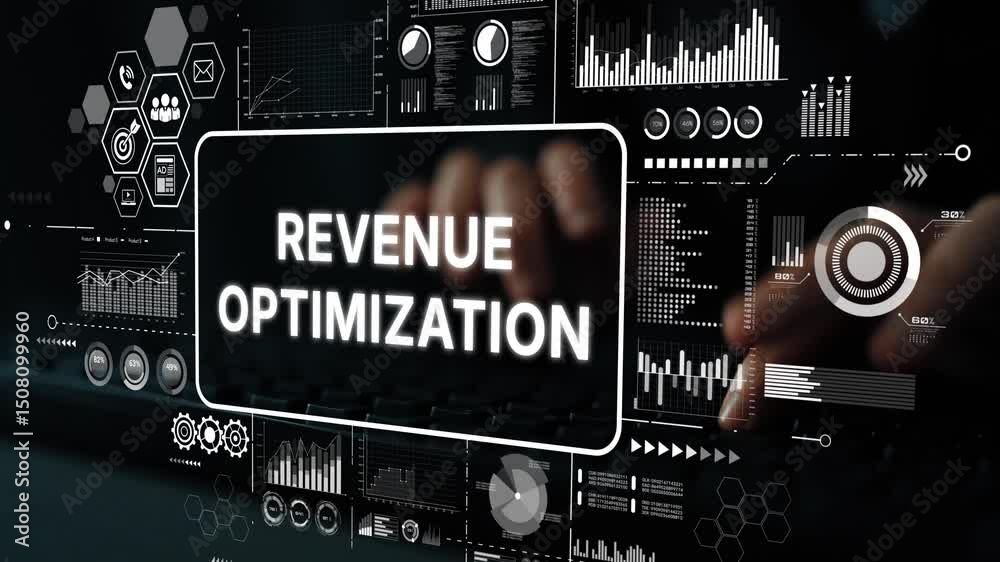 Poster hands typing on keyboard with digital interface displaying revenue optimization concept and data ana