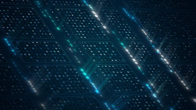 Futuristic Digital Data Blocks with Binary Code Streams for AI, Blockchain, or Network Concepts, looped animation